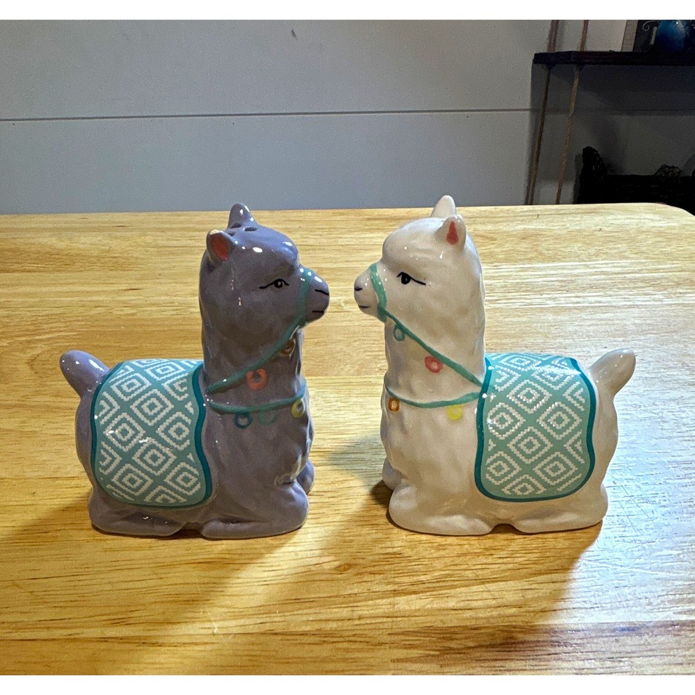 Ceramic Llama Salt & Pepper Shakers Set of 2 Gray White Teal Geometric 3.5in